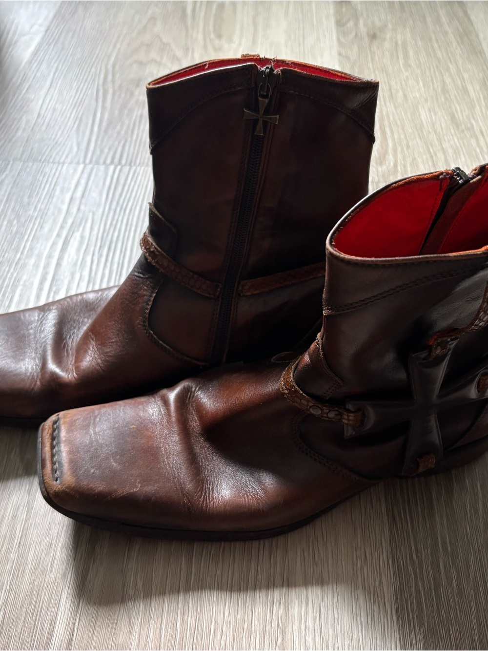 Men's Brown Cross Leather Zip Ankle Boots